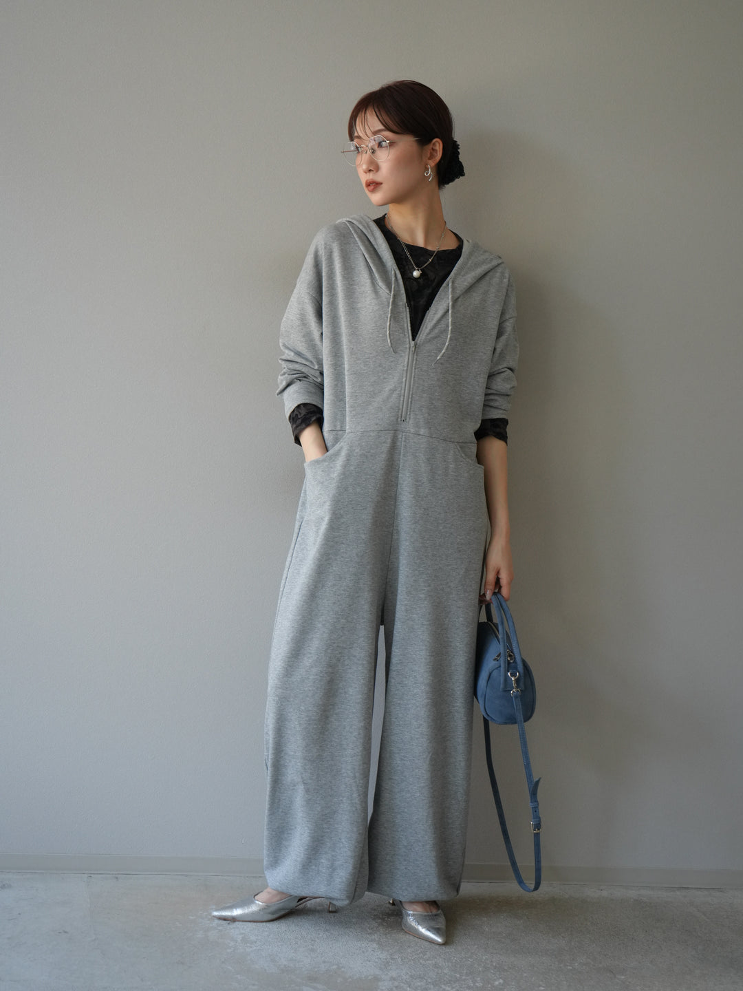[予約]ミニ裏毛フーディージャンプスーツ/チャコールグレー