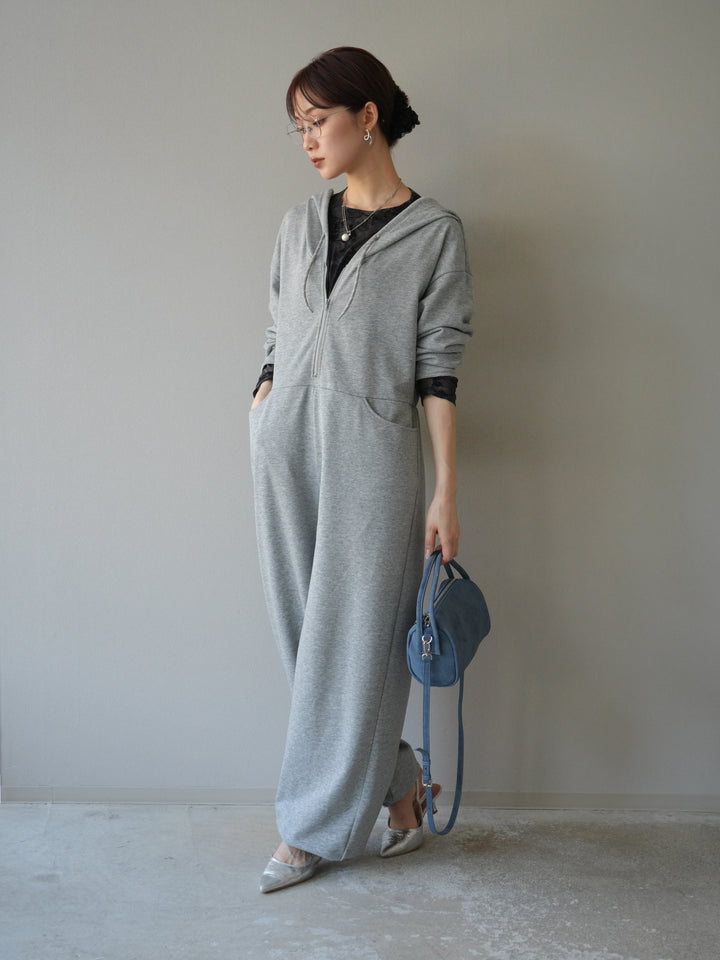 [予約]ミニ裏毛フーディージャンプスーツ/チャコールグレー