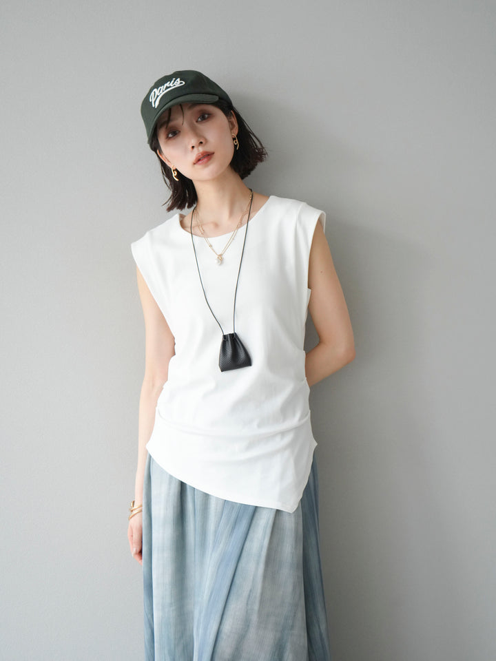 [予約]サイドギャザーTシャツ＆巾着レザーネックレスSET /ホワイト