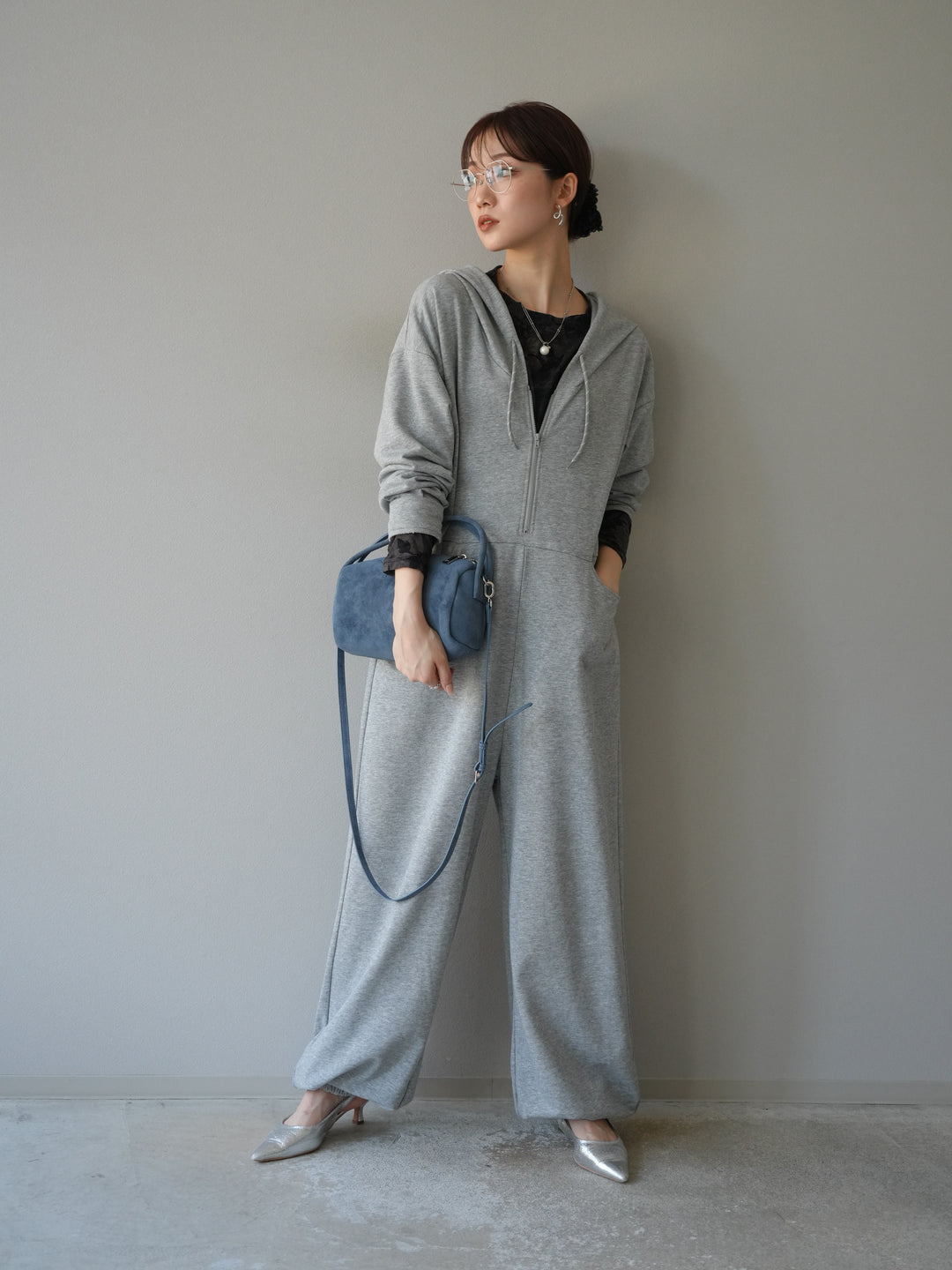 [予約]ミニ裏毛フーディージャンプスーツ/チャコールグレー