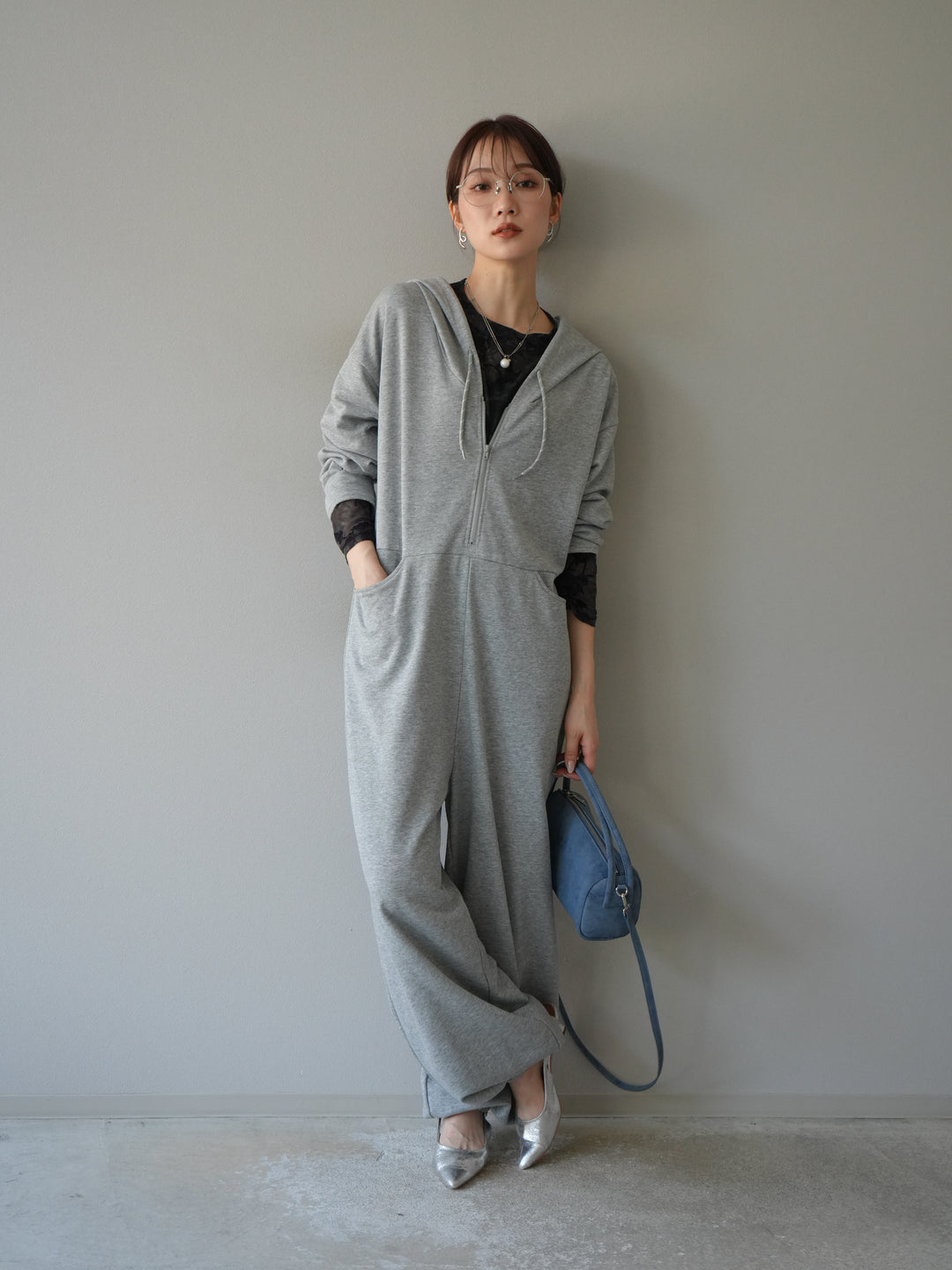 [予約]ミニ裏毛フーディージャンプスーツ/チャコールグレー