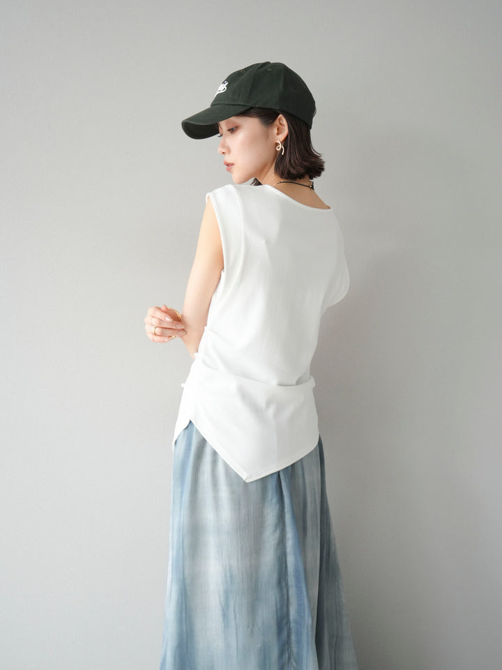 [予約]サイドギャザーTシャツ＆巾着レザーネックレスSET /ホワイト