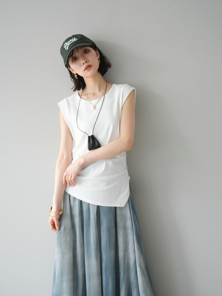 [予約]サイドギャザーTシャツ＆巾着レザーネックレスSET /ホワイト