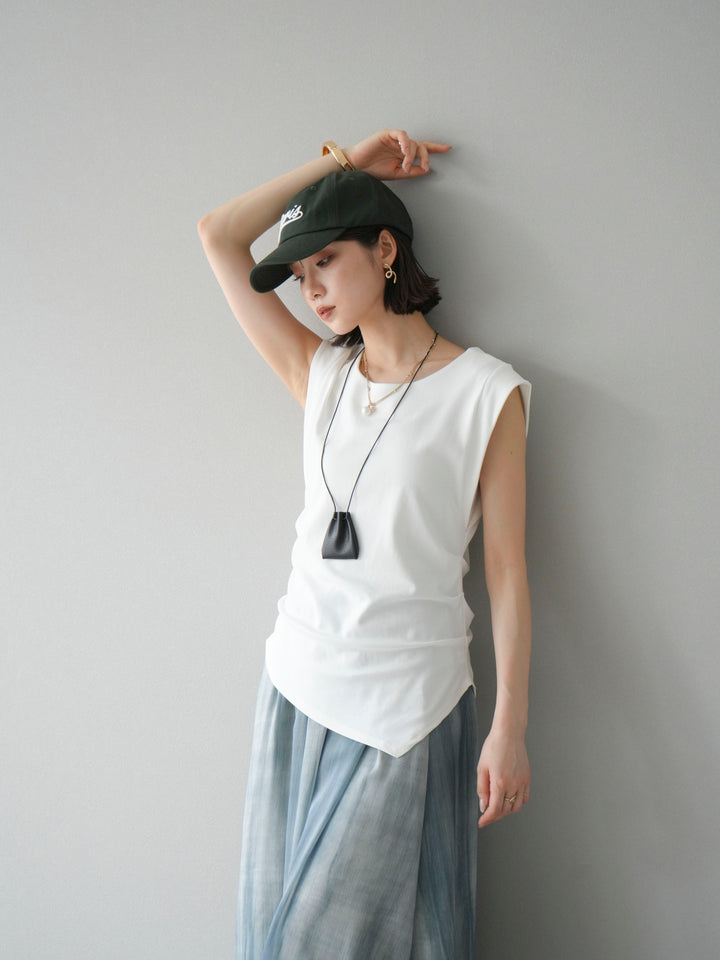 [予約]サイドギャザーTシャツ＆巾着レザーネックレスSET /ホワイト