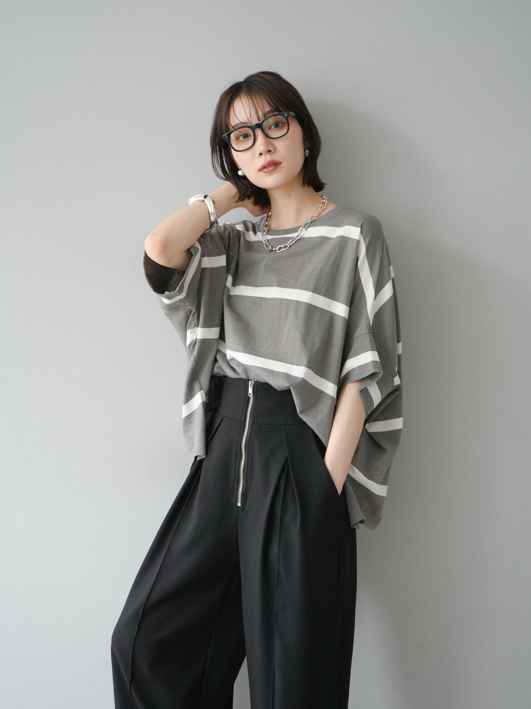 [予約]ボーダードルマンBIG Tシャツ/セピアグレー×オフ