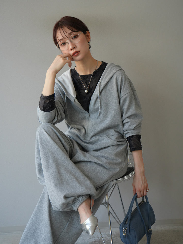 [予約]ミニ裏毛フーディージャンプスーツ/チャコールグレー
