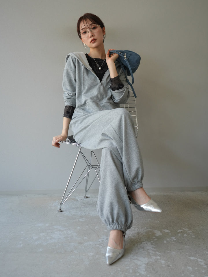 [予約]ミニ裏毛フーディージャンプスーツ/チャコールグレー