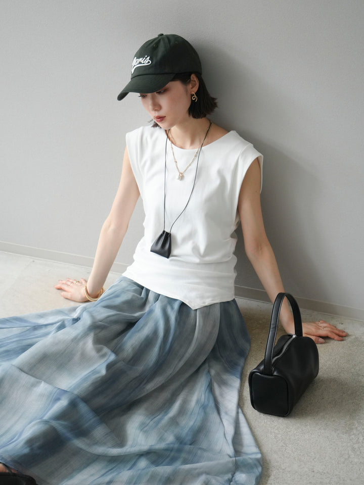 [予約]サイドギャザーTシャツ＆巾着レザーネックレスSET /ホワイト