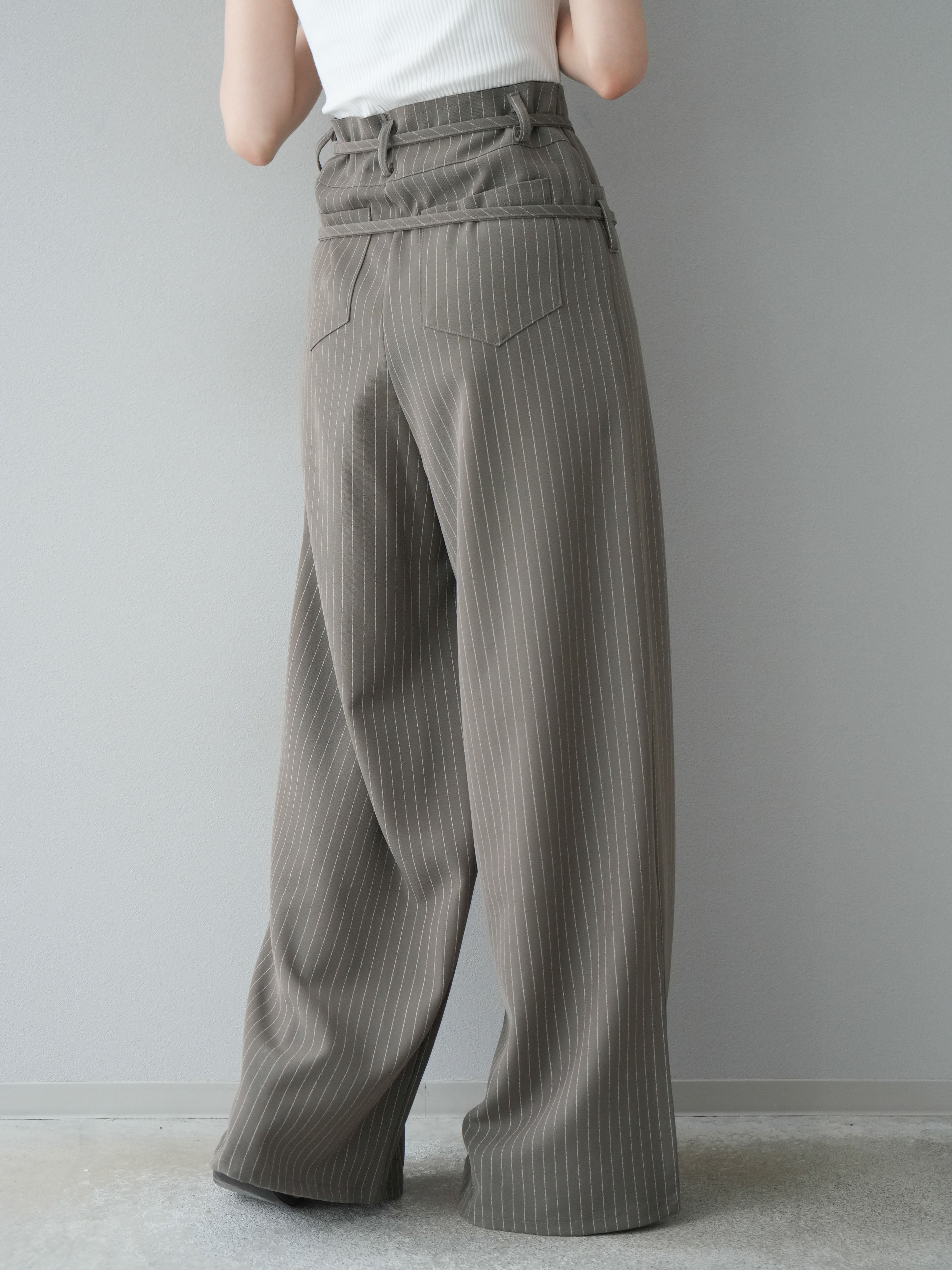 予約]ダブルベルトストライプワイドパンツ/ベージュ – Lumier