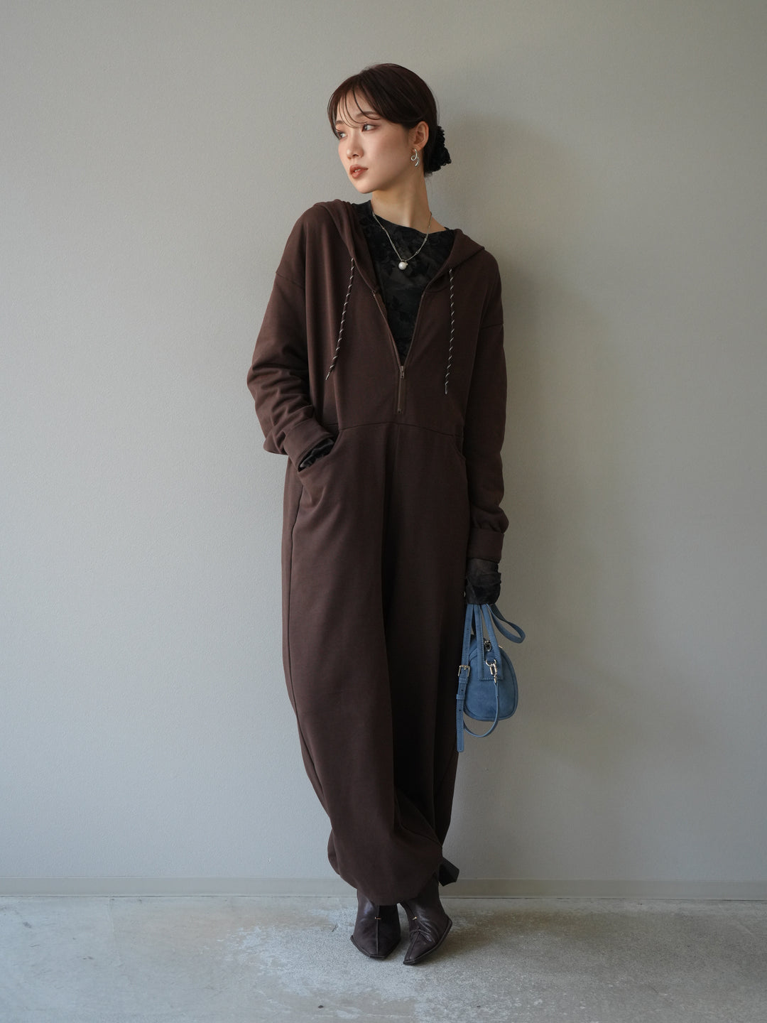 [予約]ミニ裏毛フーディージャンプスーツ/ブラウン