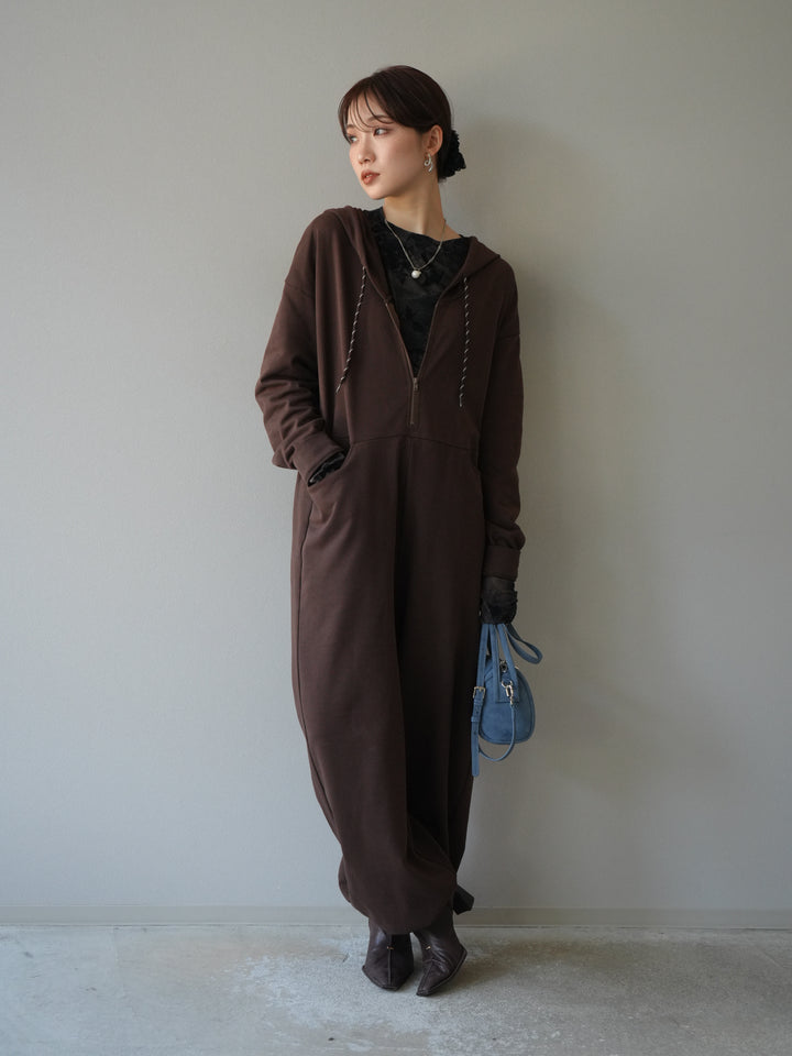 [予約]ミニ裏毛フーディージャンプスーツ/ブラウン