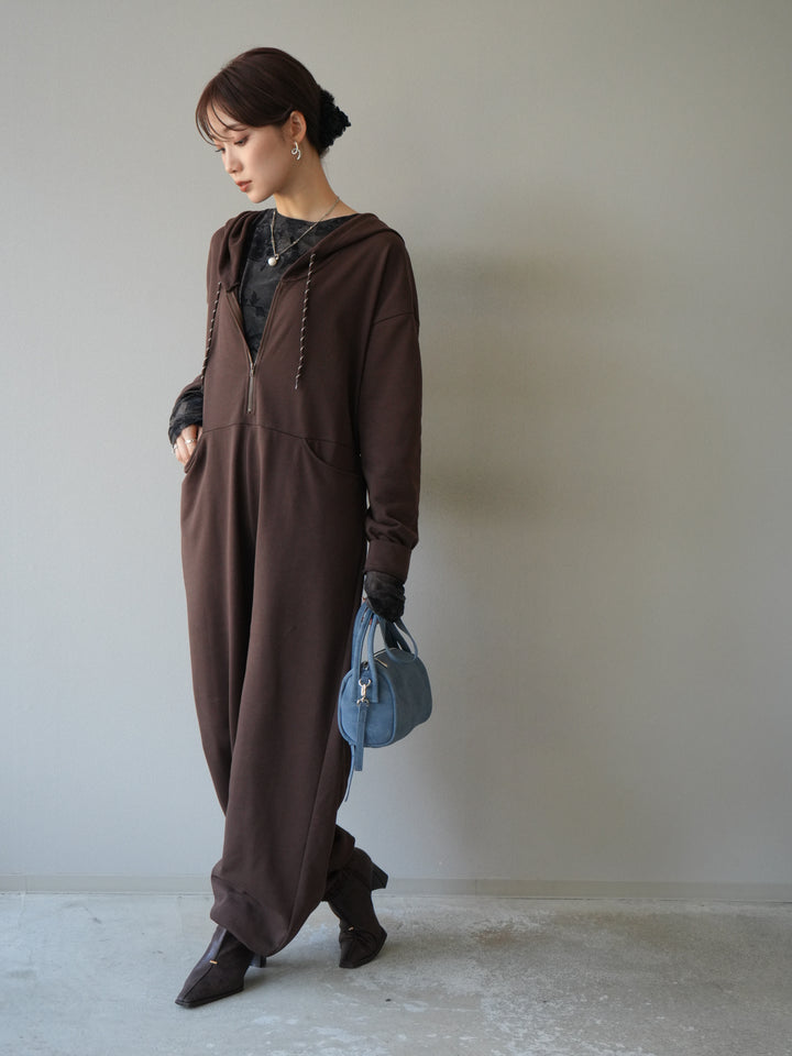 [予約]ミニ裏毛フーディージャンプスーツ/ブラウン