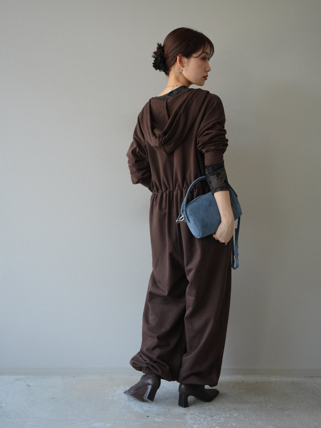 [予約]ミニ裏毛フーディージャンプスーツ/ブラウン