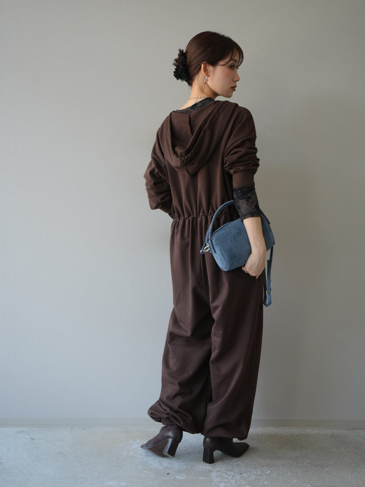 [予約]ミニ裏毛フーディージャンプスーツ/ブラウン