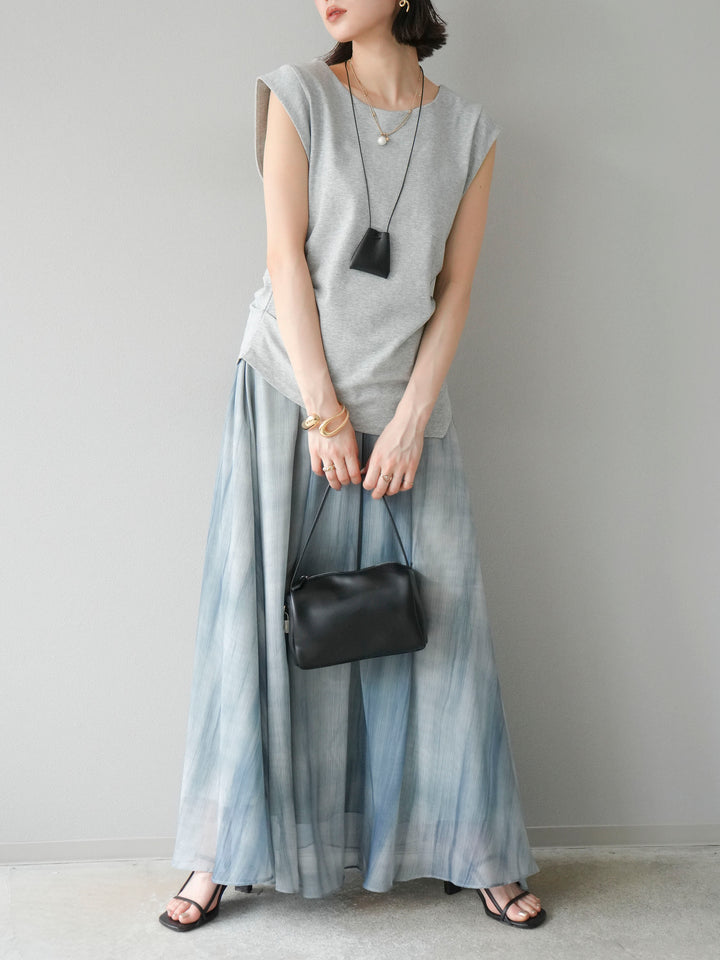 [予約]サイドギャザーTシャツ＆巾着レザーネックレスSET /グレー
