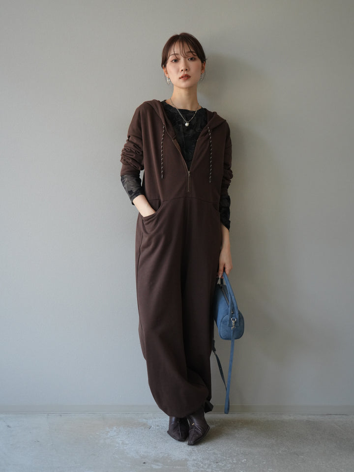 [予約]ミニ裏毛フーディージャンプスーツ/ブラウン