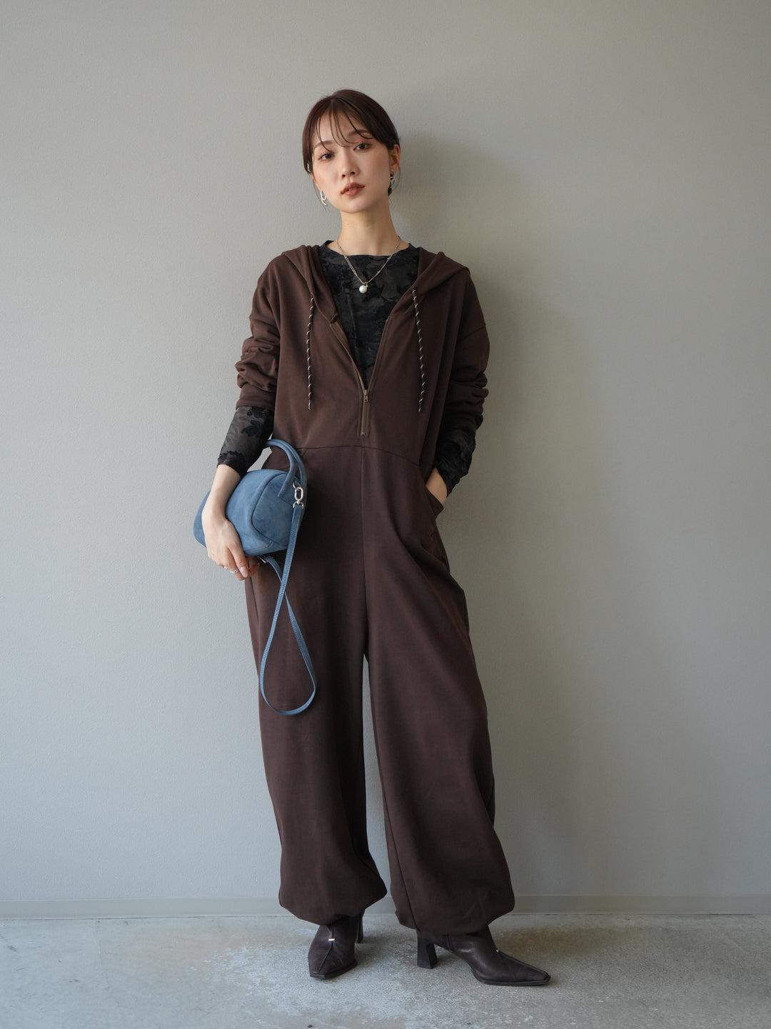[予約]ミニ裏毛フーディージャンプスーツ/ブラウン
