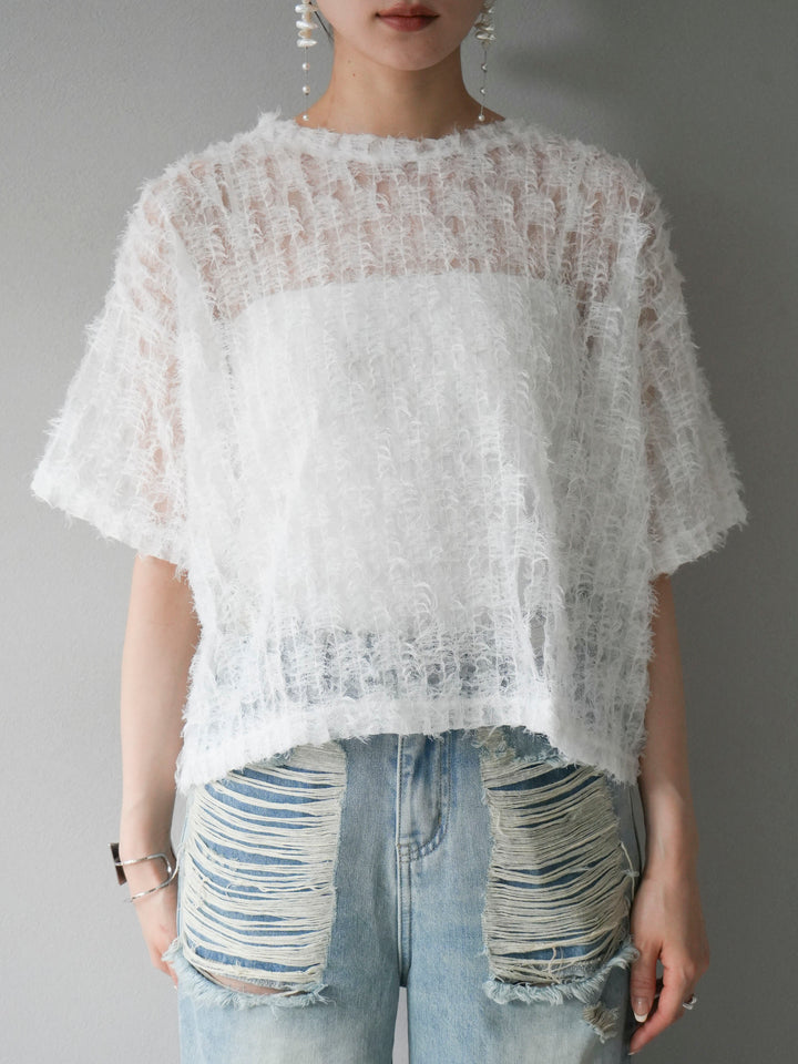 [Pre-order] Fringe Tulle 5/4 Sleeve Over Top/Off-White