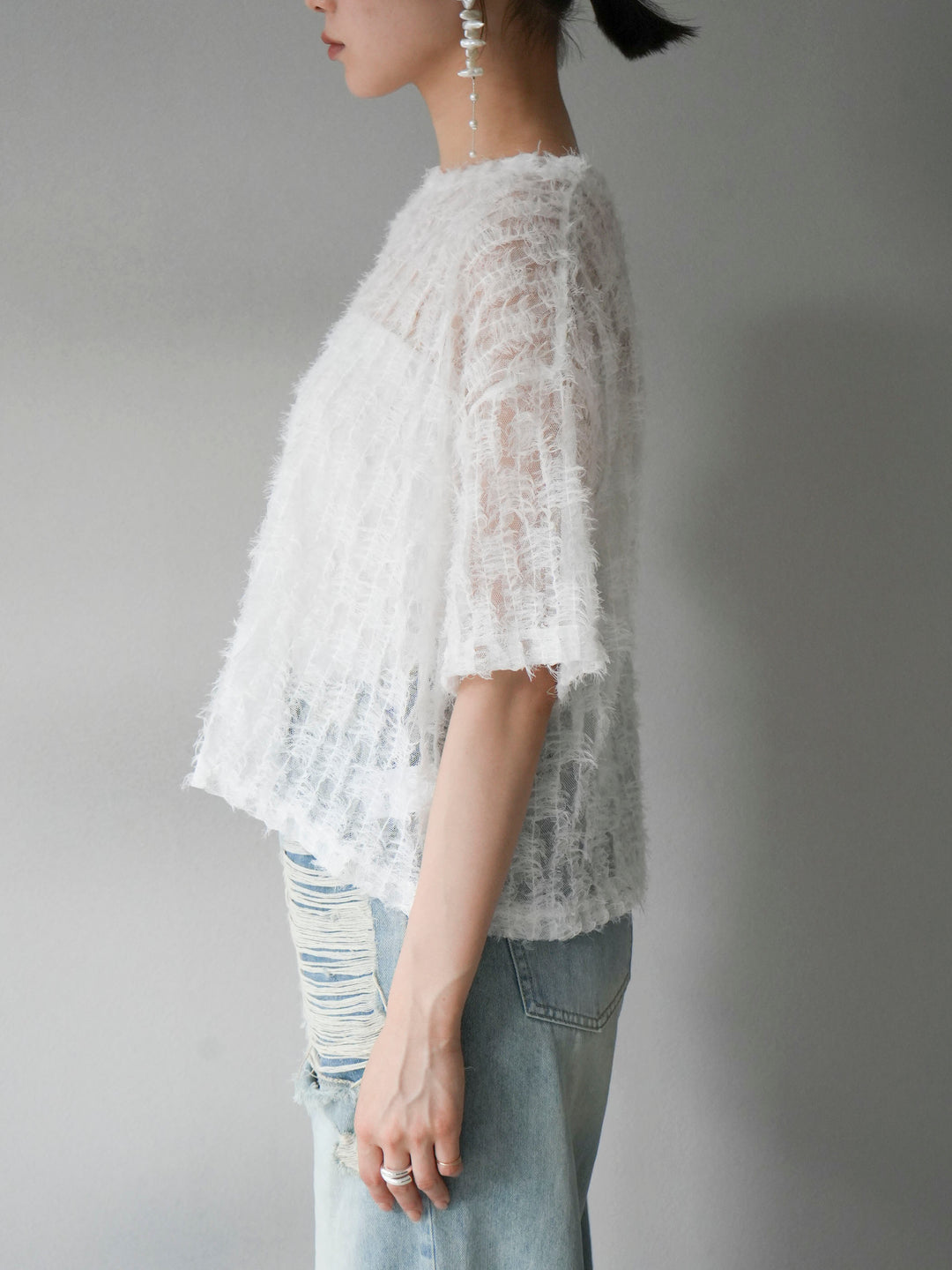 [Pre-order] Fringe Tulle 5/4 Sleeve Over Top/Off-White