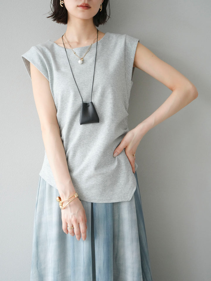 [予約]サイドギャザーTシャツ＆巾着レザーネックレスSET /グレー