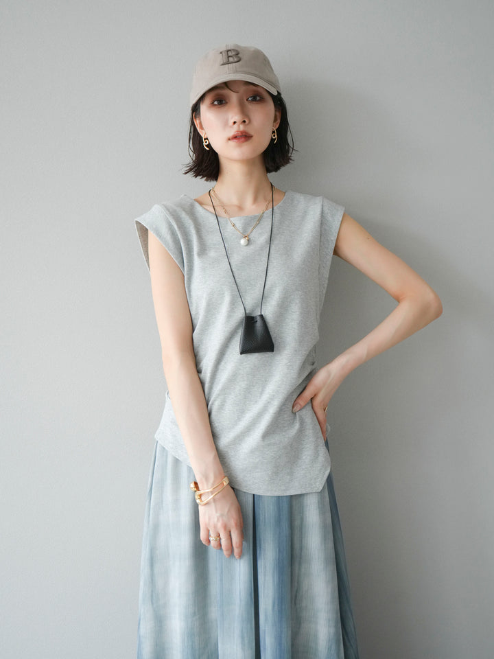 [予約]サイドギャザーTシャツ＆巾着レザーネックレスSET /グレー