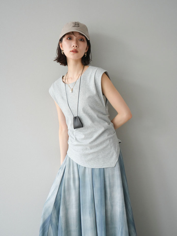 [予約]サイドギャザーTシャツ＆巾着レザーネックレスSET /グレー