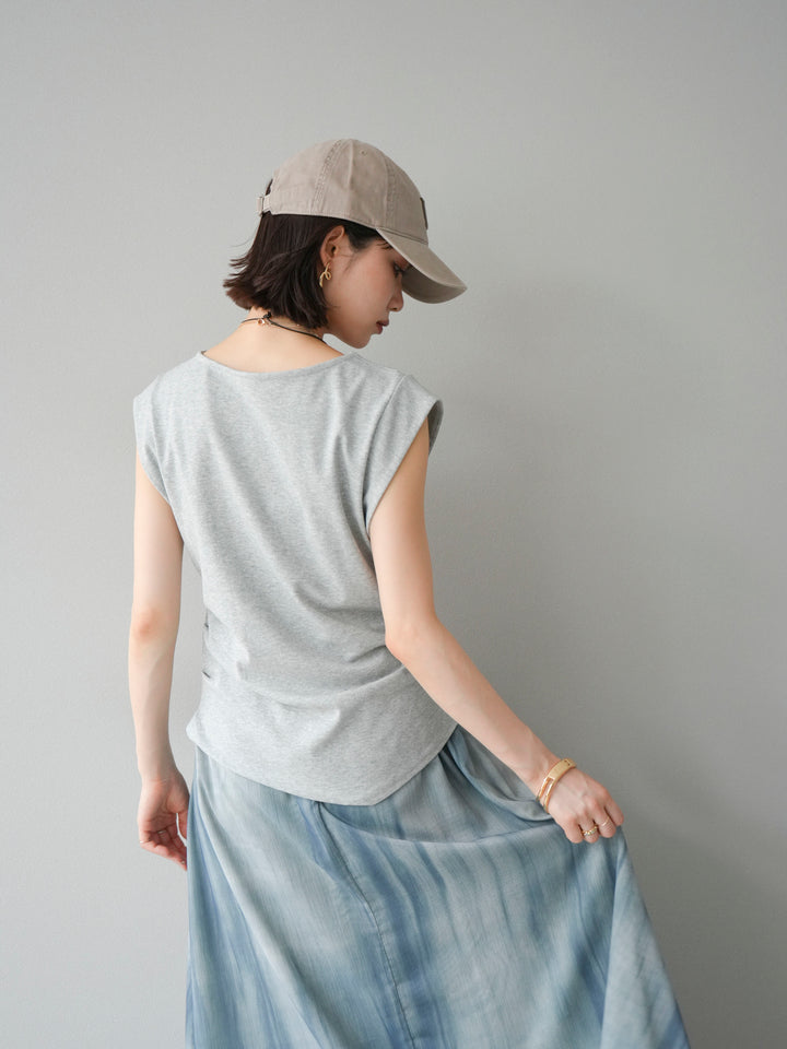 [予約]サイドギャザーTシャツ＆巾着レザーネックレスSET /グレー