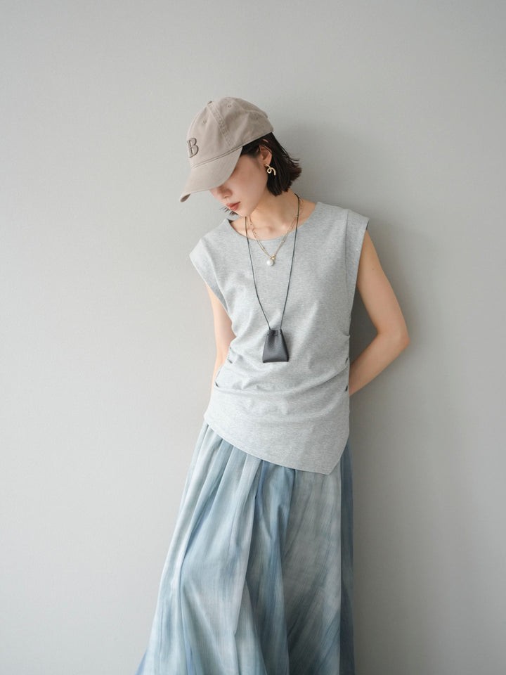 [予約]サイドギャザーTシャツ＆巾着レザーネックレスSET /グレー