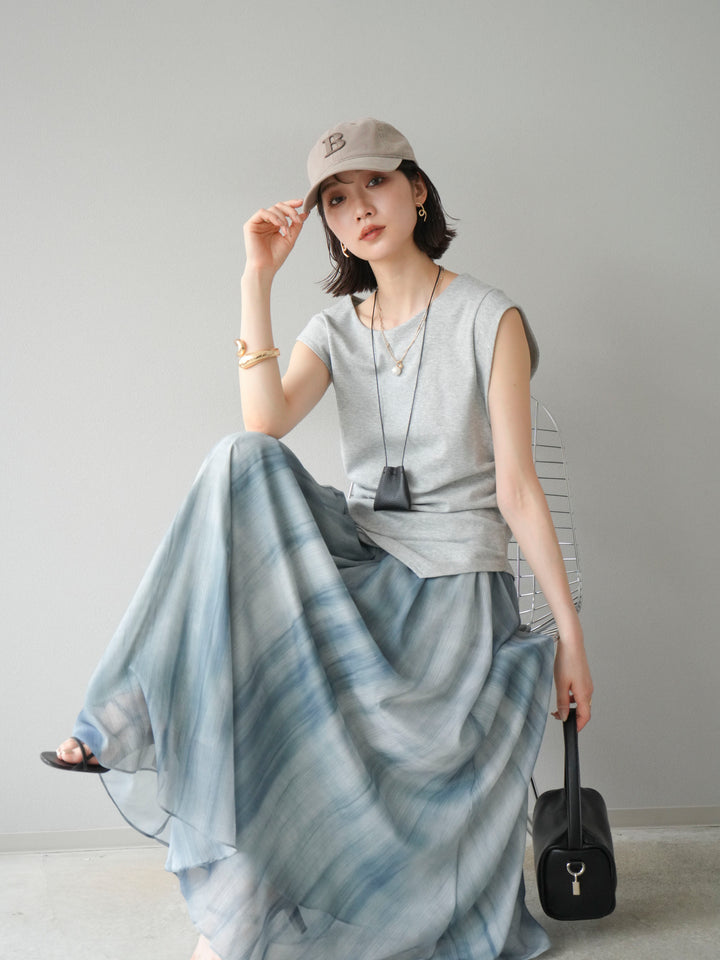 [予約]サイドギャザーTシャツ＆巾着レザーネックレスSET /グレー