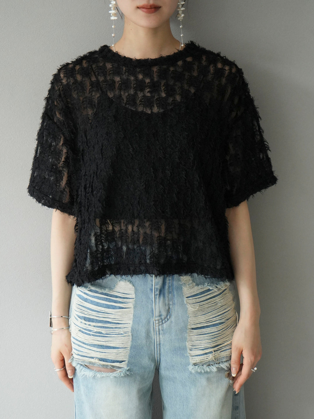 [Pre-order] Fringe Tulle 5/4 Sleeve Over Top/Black