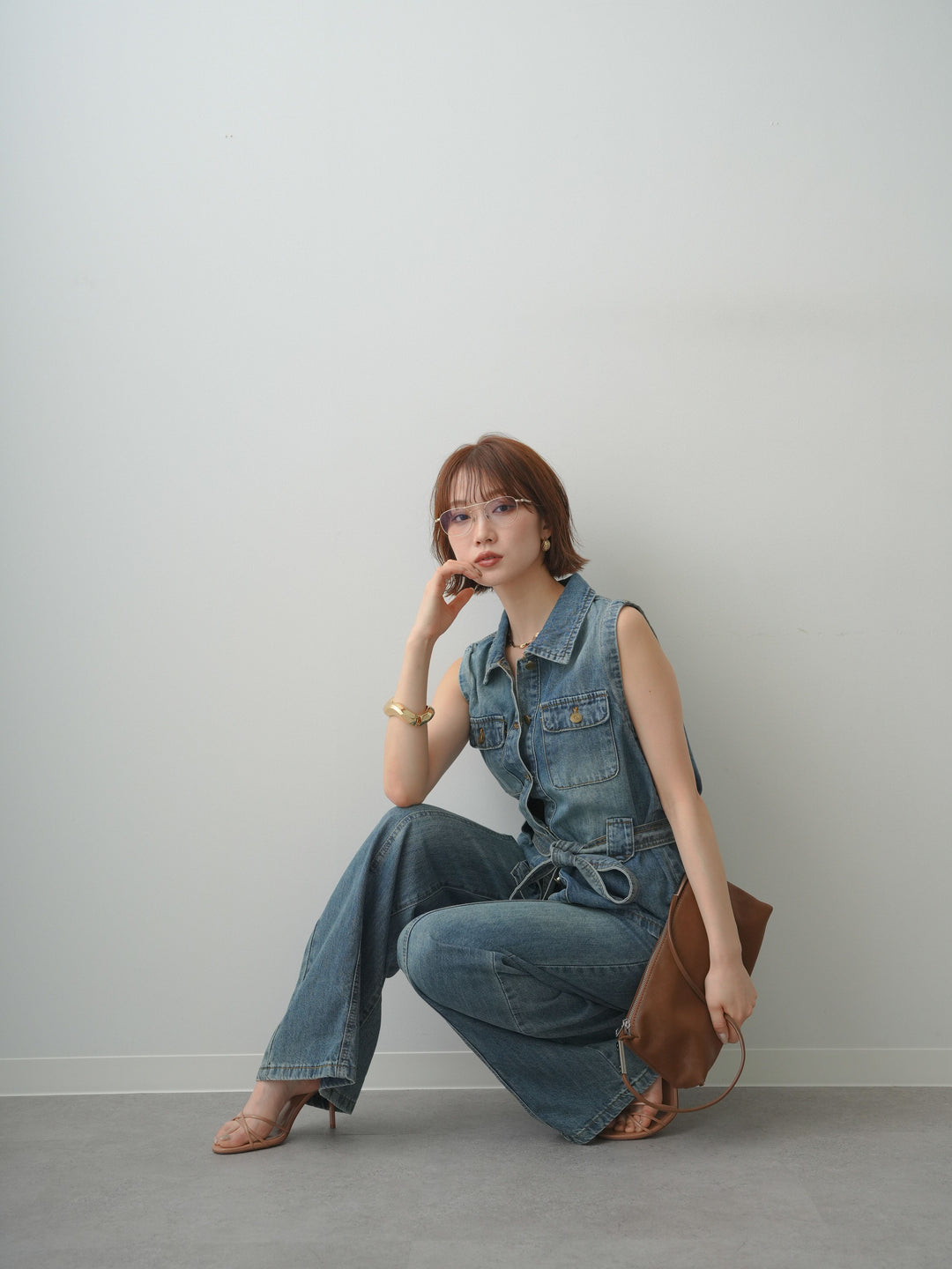 [SET]ライトデニムノースリベスト＆センターラインセミワイドデニムSET UP(2SET)
