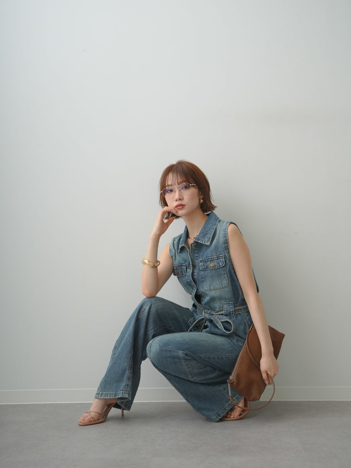 [SET]ライトデニムノースリベスト＆センターラインセミワイドデニムSET UP(2SET)