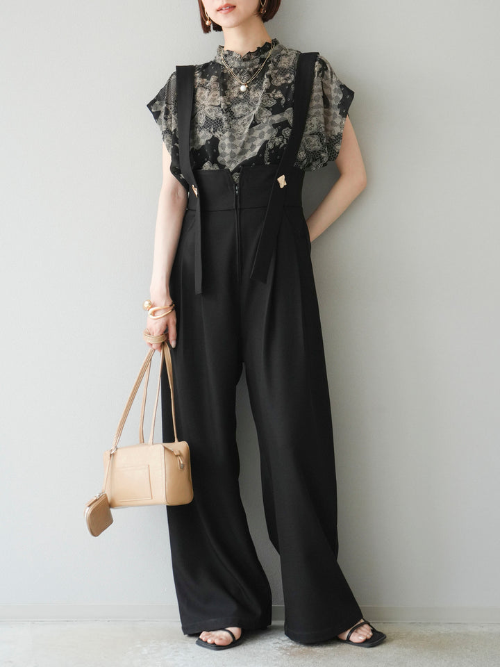 [予約]フラワーパターンフレンチスリーブブラウス/ブラック