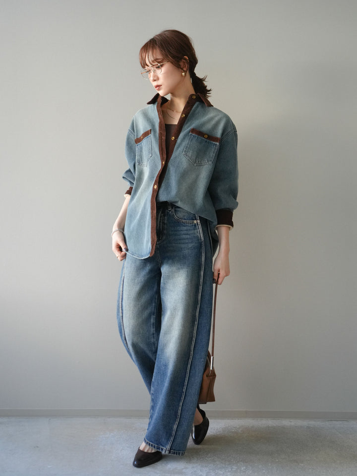 [予約]サイド切替カーブデニムパンツ/blue