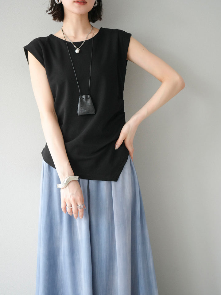 [予約]サイドギャザーTシャツ＆巾着レザーネックレスSET /ブラック