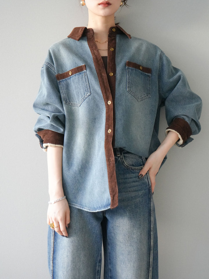 [予約]裏起毛コーデュロイ襟デニムシャツジャケット/ blue