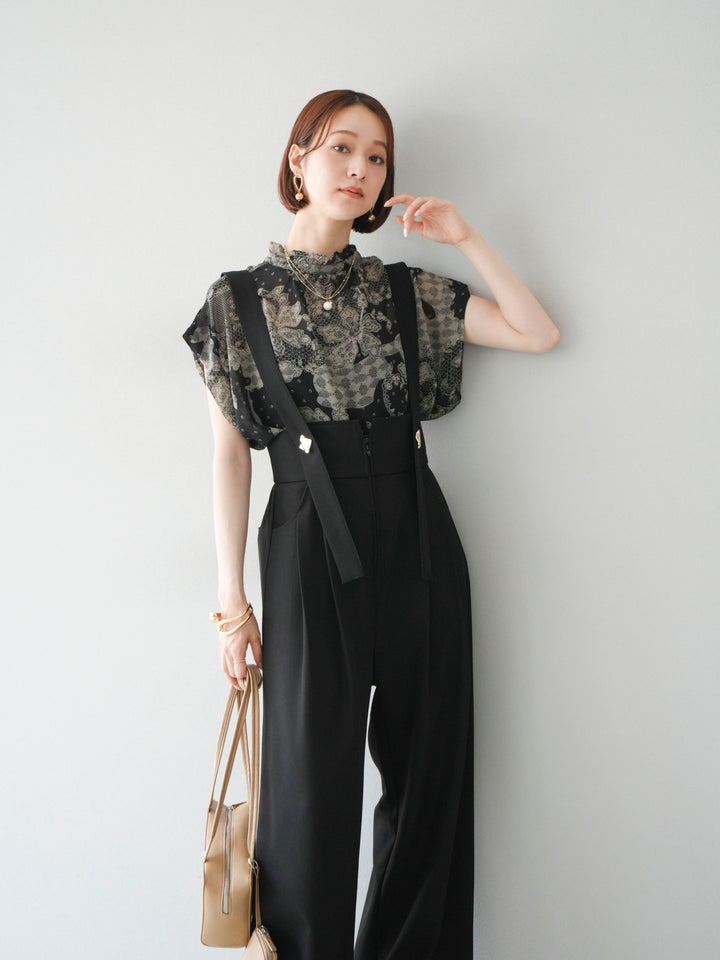 [予約]フラワーパターンフレンチスリーブブラウス/ブラック