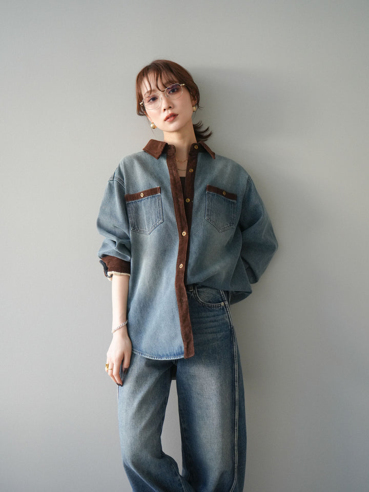 [予約]裏起毛コーデュロイ襟デニムシャツジャケット/ blue