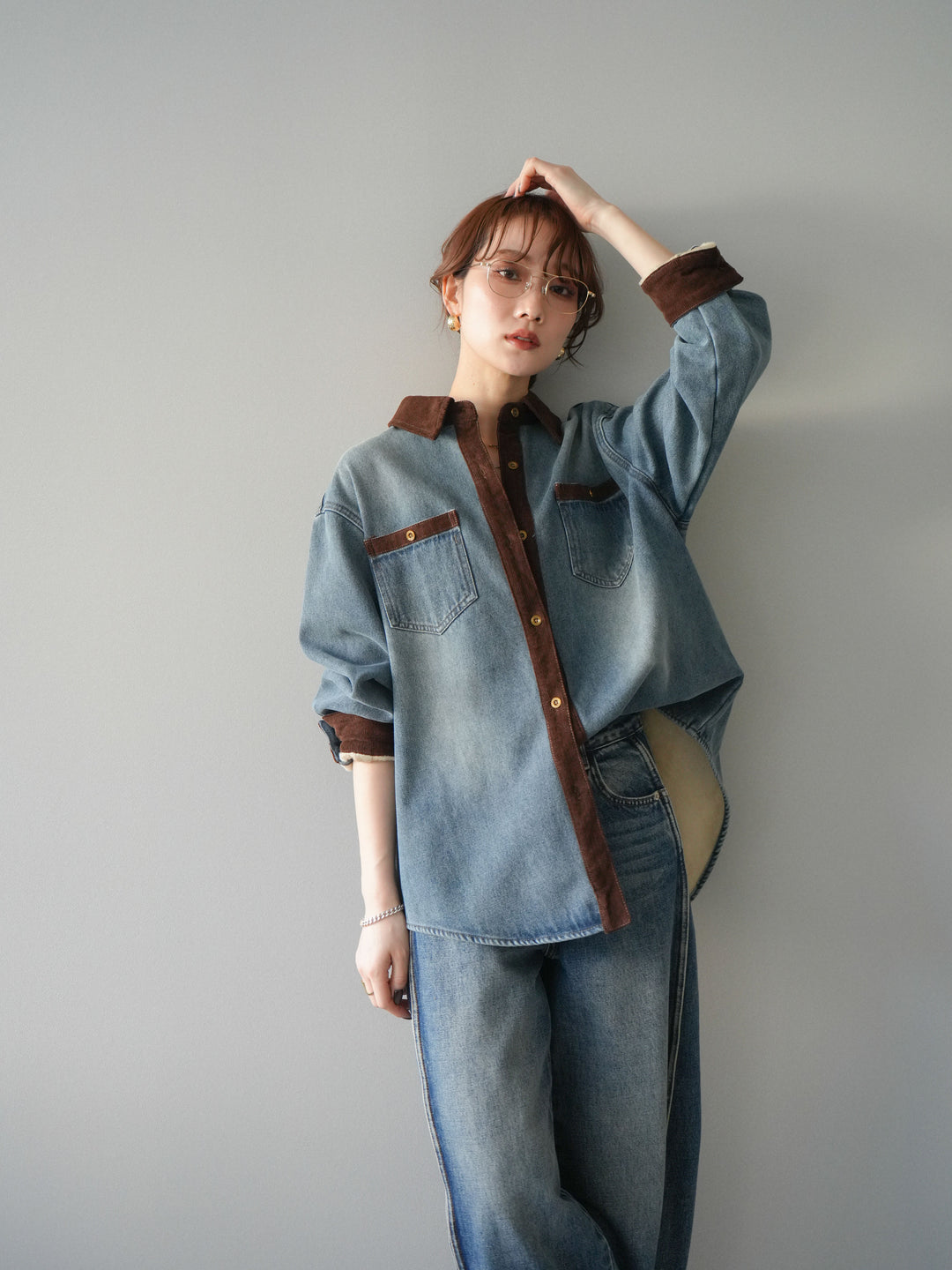 [予約]裏起毛コーデュロイ襟デニムシャツジャケット/ blue