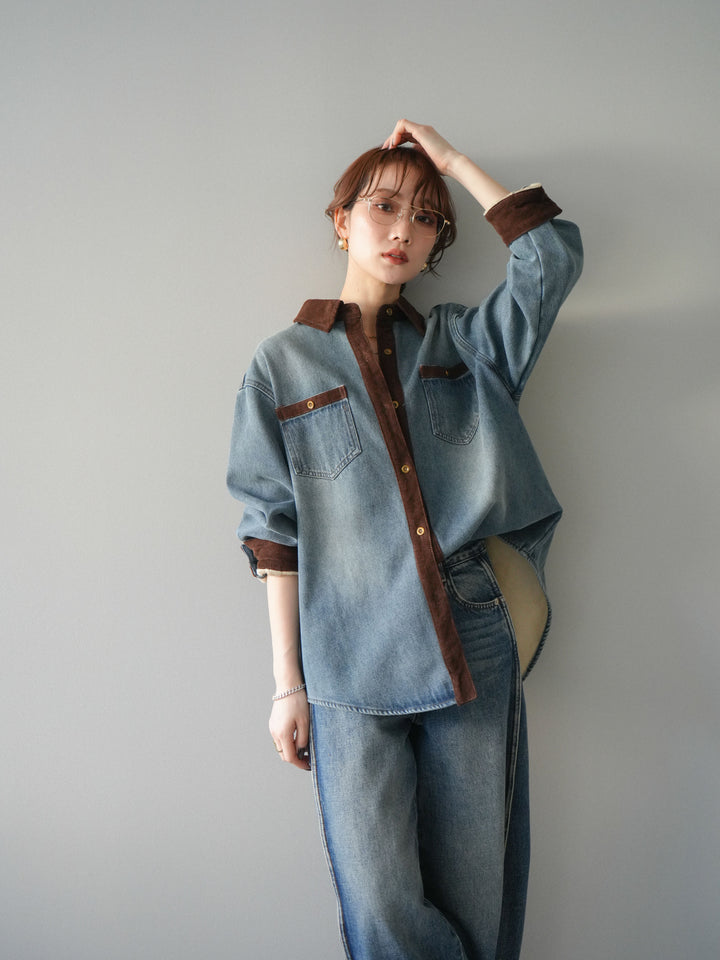 [予約]裏起毛コーデュロイ襟デニムシャツジャケット/ blue