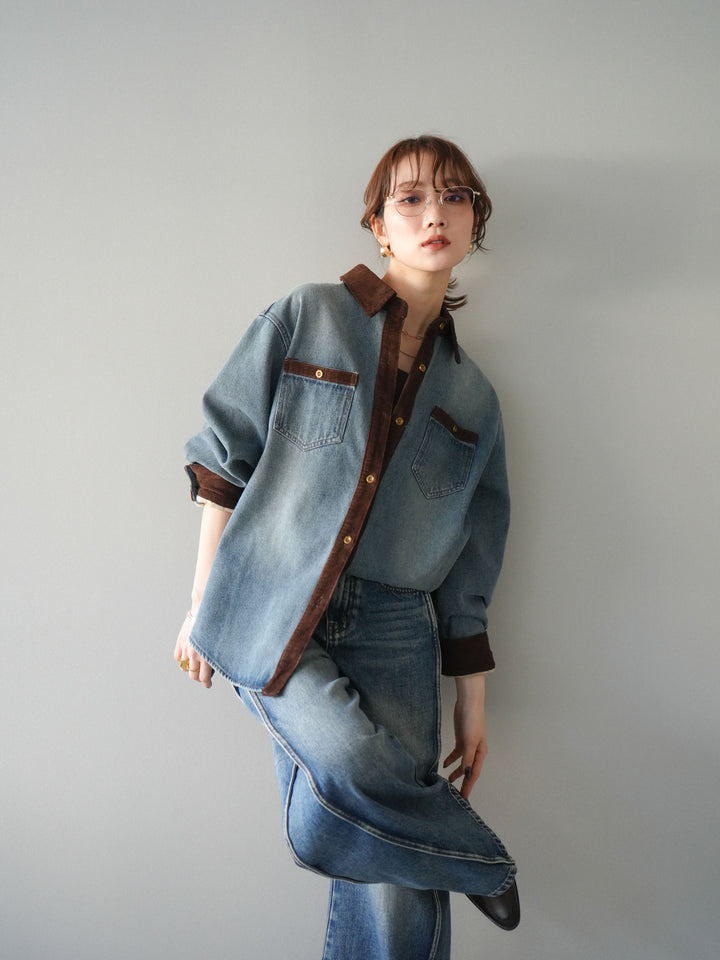 [予約]裏起毛コーデュロイ襟デニムシャツジャケット/ blue