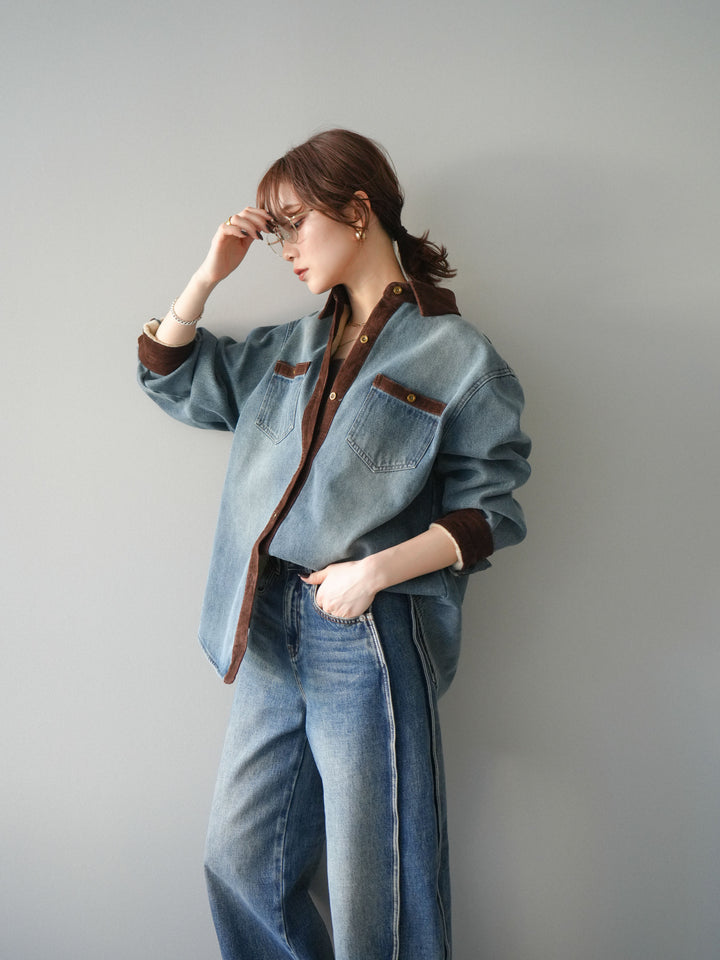 [予約]裏起毛コーデュロイ襟デニムシャツジャケット/ blue