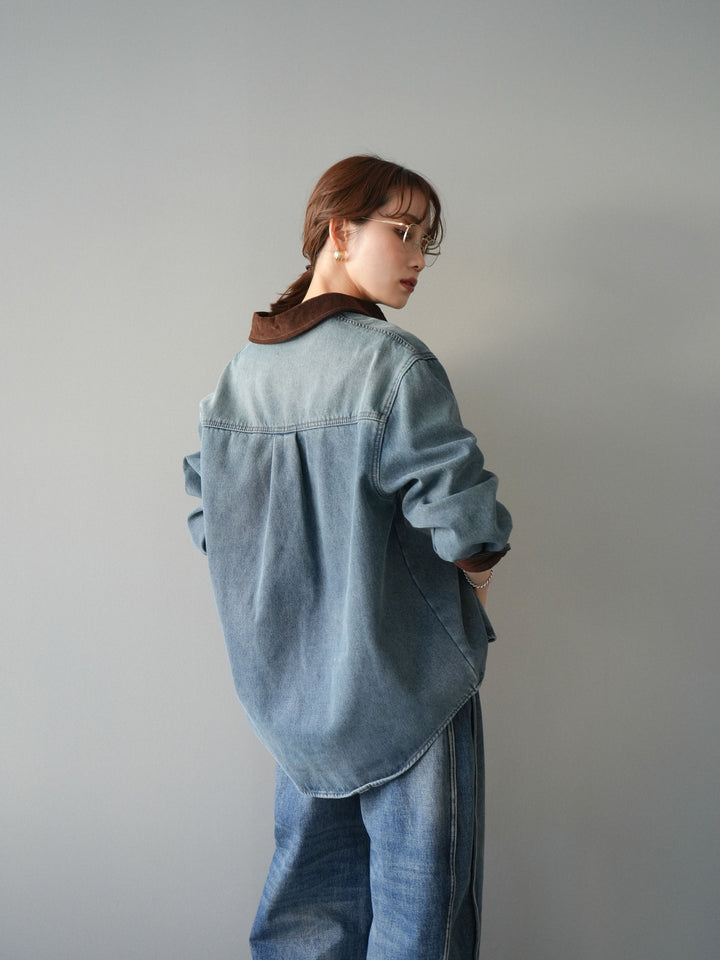[予約]裏起毛コーデュロイ襟デニムシャツジャケット/ blue