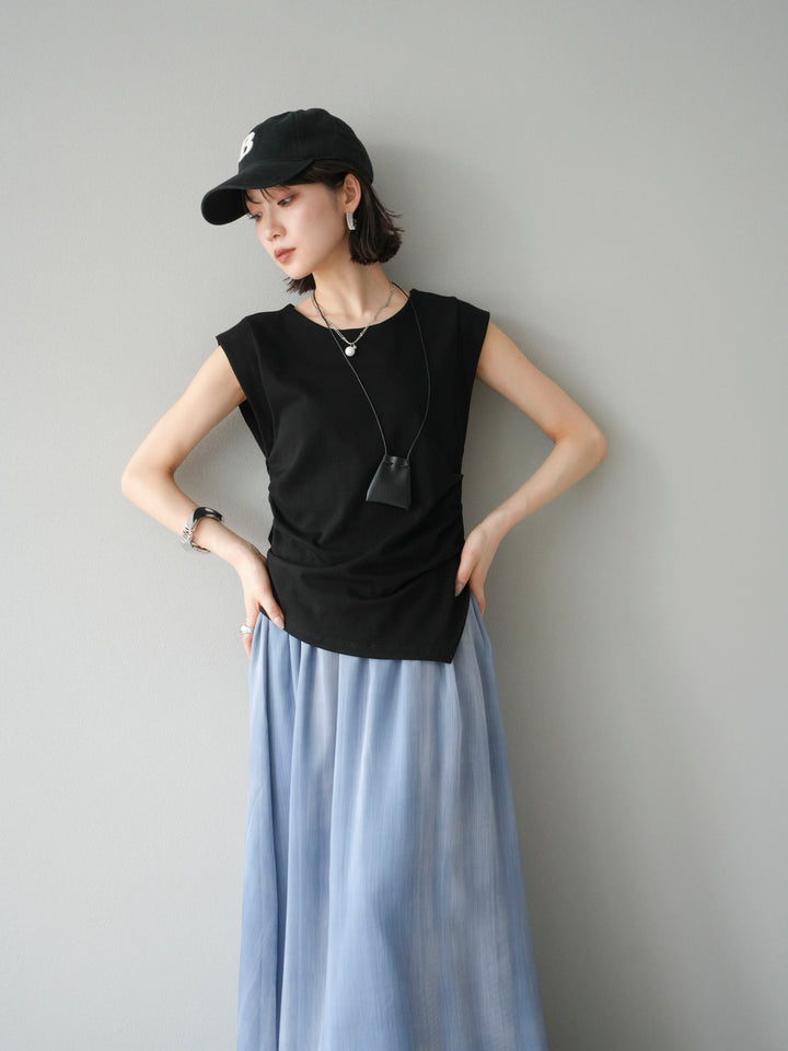 [予約]サイドギャザーTシャツ＆巾着レザーネックレスSET /ブラック