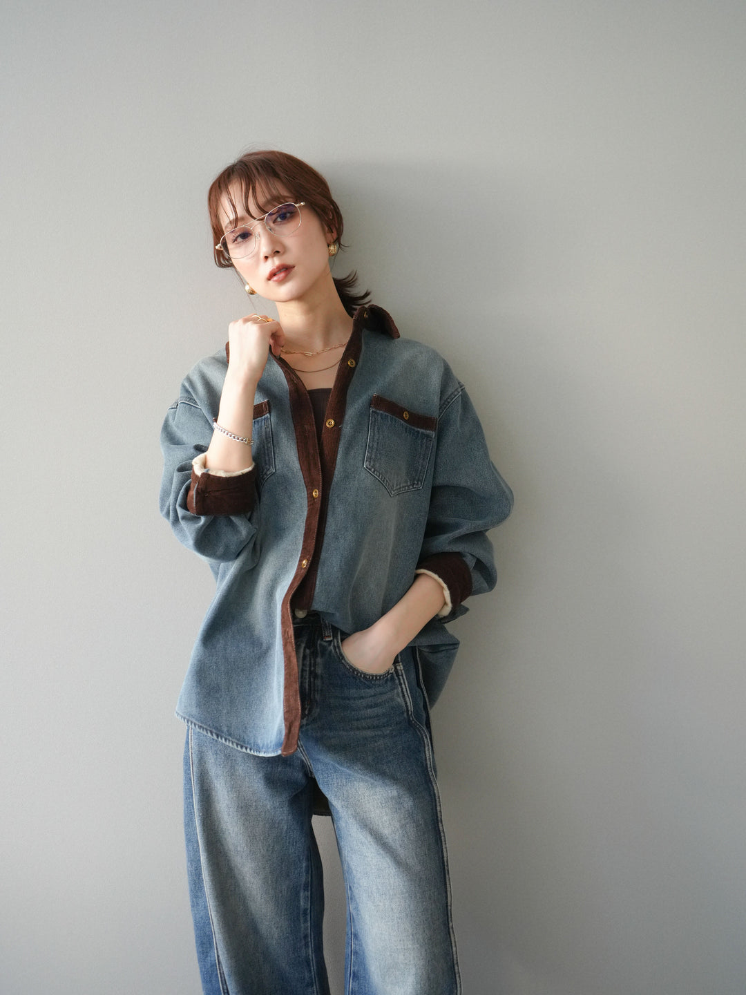 [予約]裏起毛コーデュロイ襟デニムシャツジャケット/ blue