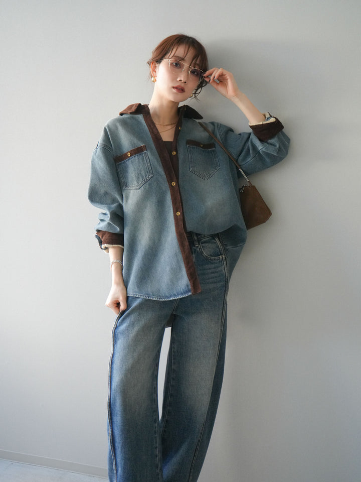 [予約]裏起毛コーデュロイ襟デニムシャツジャケット/ blue
