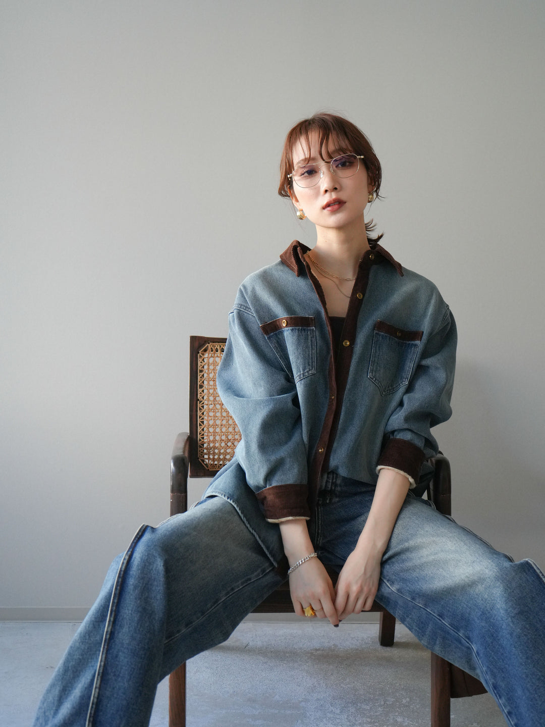 [予約]裏起毛コーデュロイ襟デニムシャツジャケット/ blue