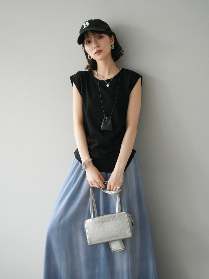 [予約]サイドギャザーTシャツ＆巾着レザーネックレスSET /ブラック