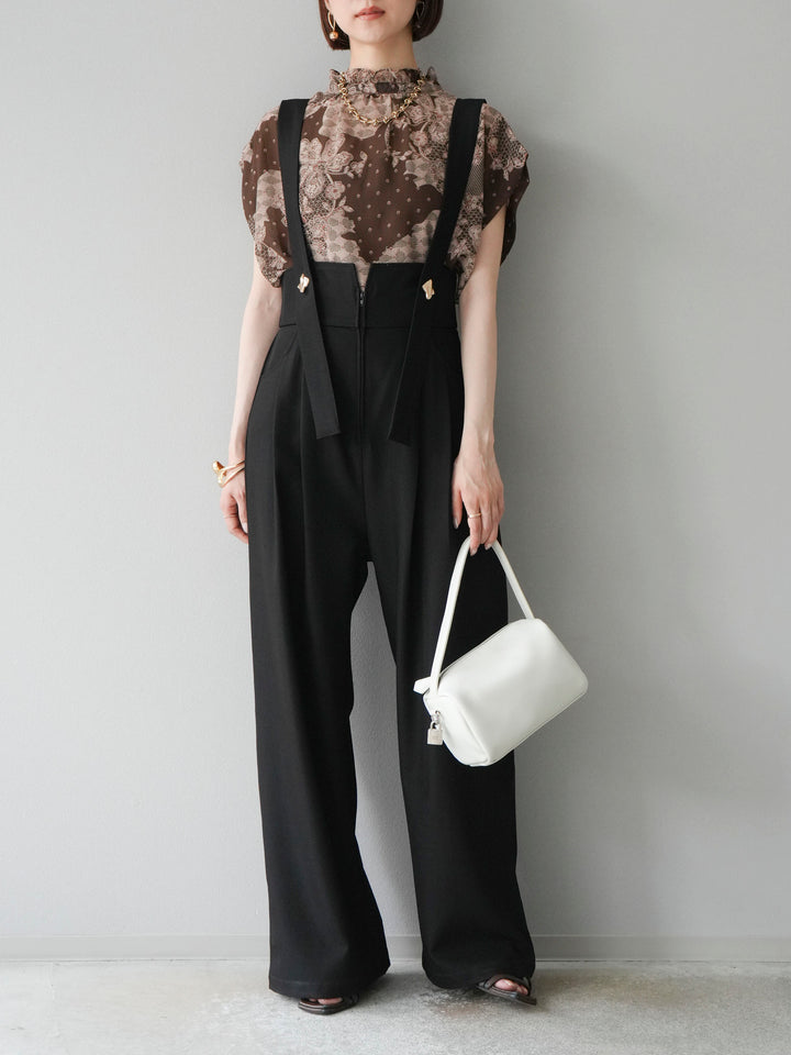 [予約]フラワーパターンフレンチスリーブブラウス/ブラウン