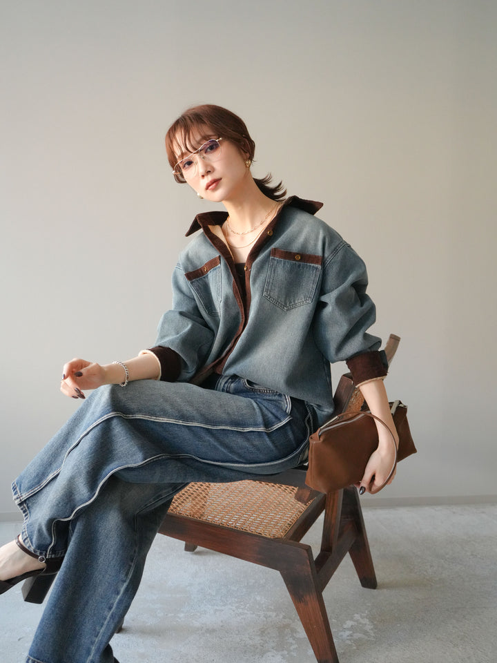 [予約]裏起毛コーデュロイ襟デニムシャツジャケット/ blue